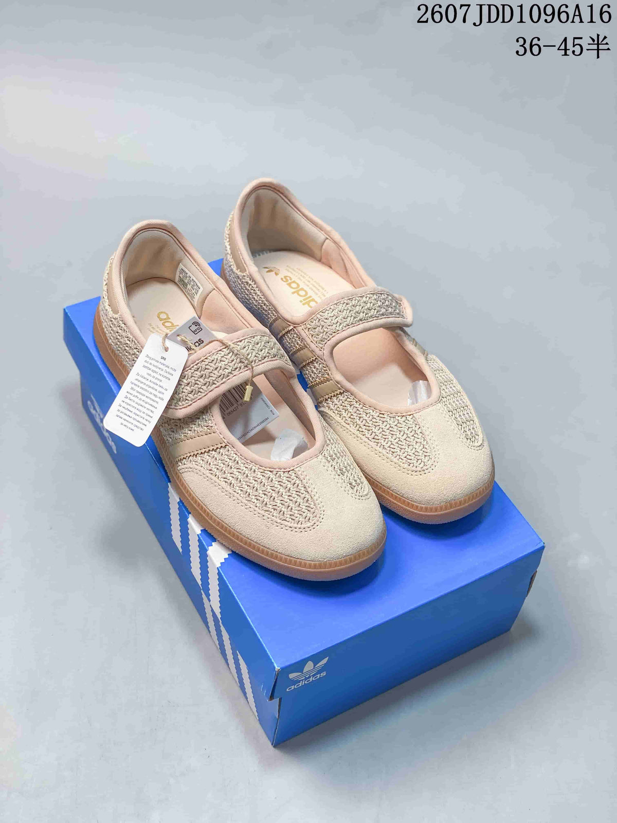 Beige Adidas Samba Jane W sneakers with hook-and-loop straps displayed on a blue Adidas shoebox.