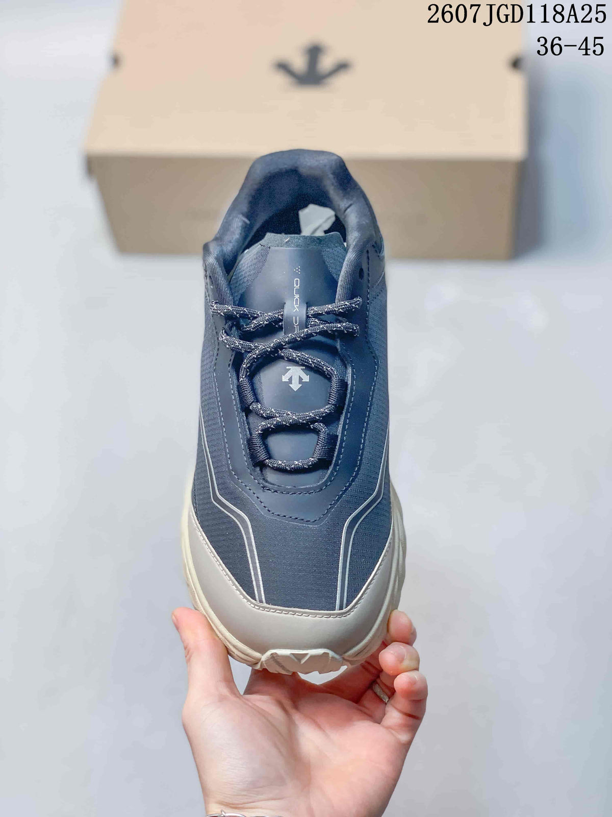 Top view of the sneaker showing the lace-up closure, padded tongue, and layered toe design.