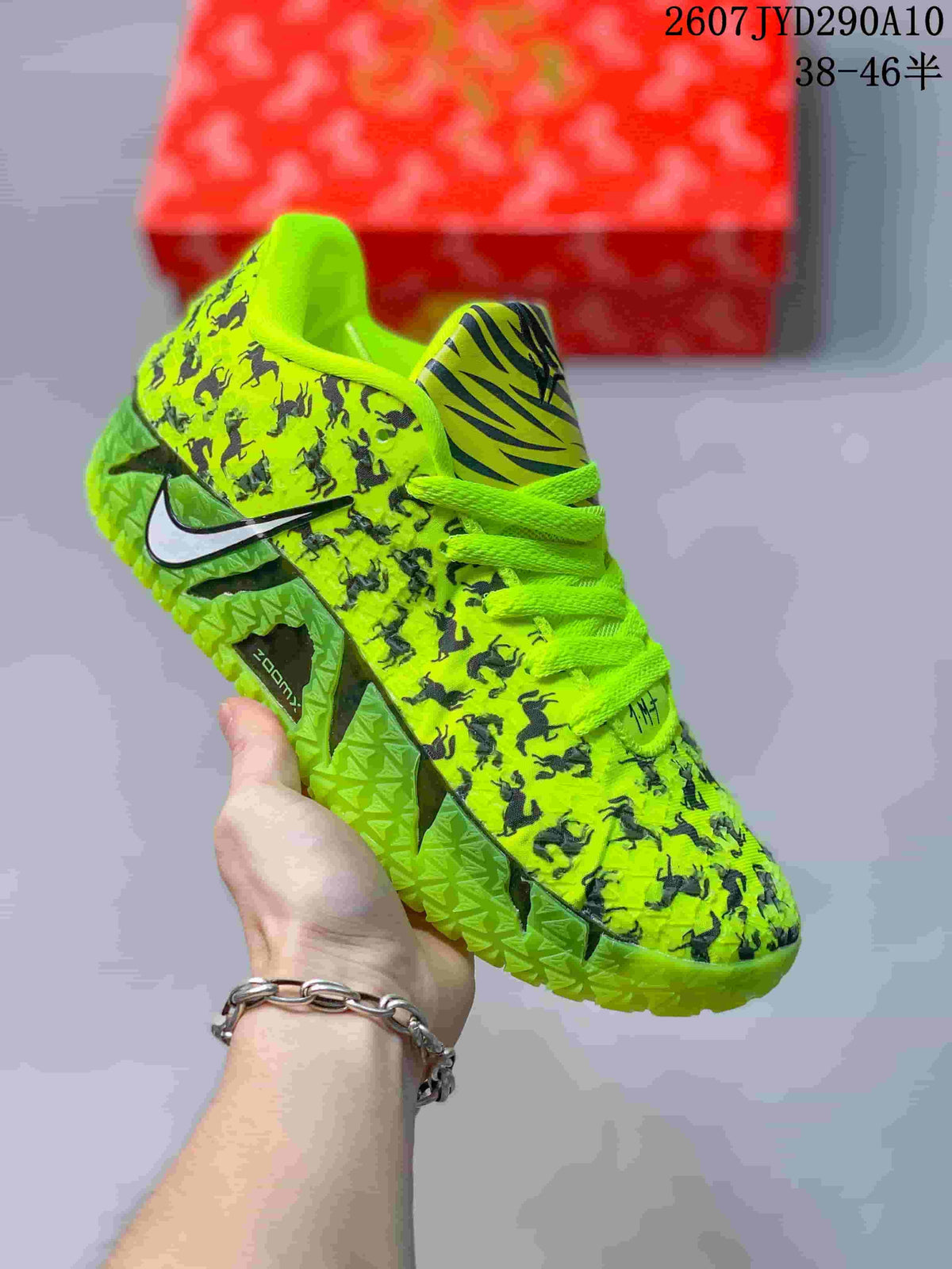 Bright lime Nike Ja 3 shoe with dark horse silhouettes, matching laces, and a striped tongue panel.
