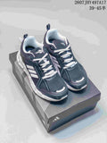 Pair of black and white Adidas Climacool running shoes shown on a shoebox from an elevated front angle.