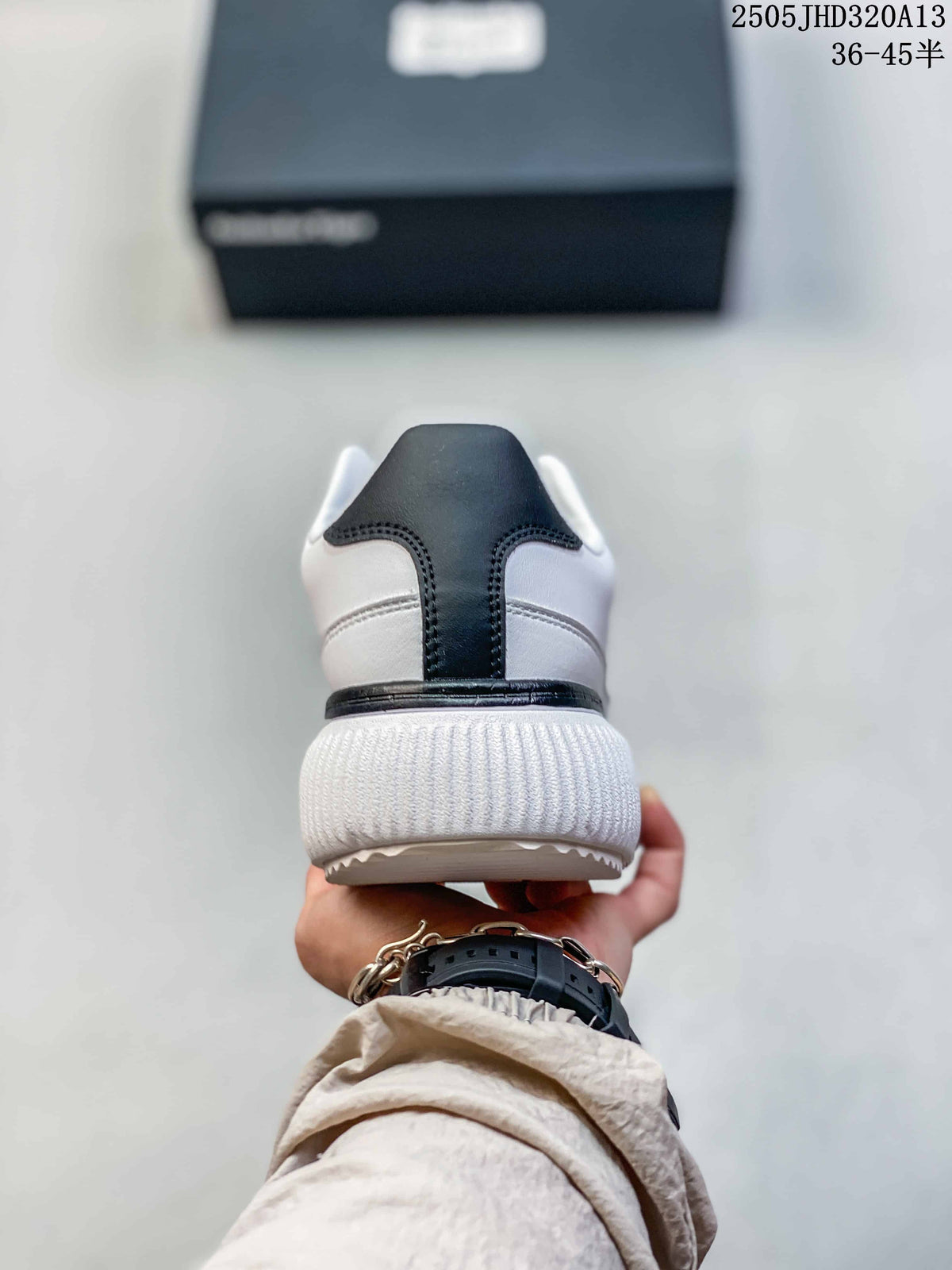 Rear view of the sneaker with a black heel accent