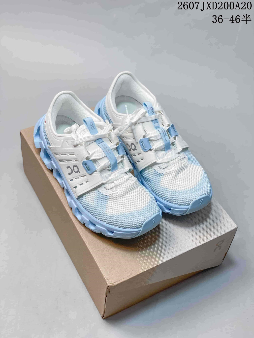 Pair of white and light blue On Cloudswift Amp sneakers displayed on a shoe box.