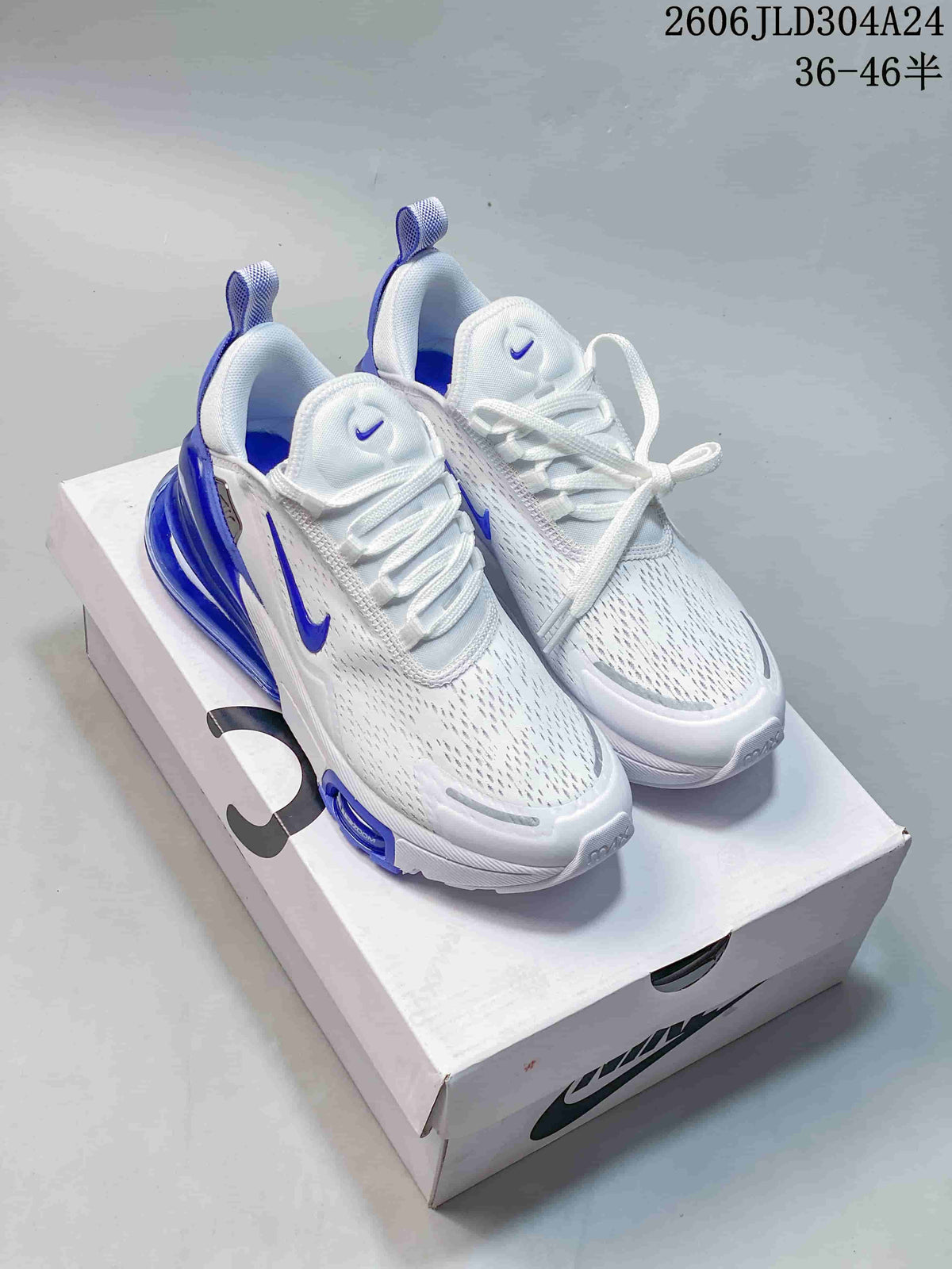 Pair of white and blue Nike Air Max 270 sneakers shown from the front on a shoe box.