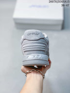 Rear view of the gray sneaker showing the padded heel, layered stitching, and Off-White branding.
