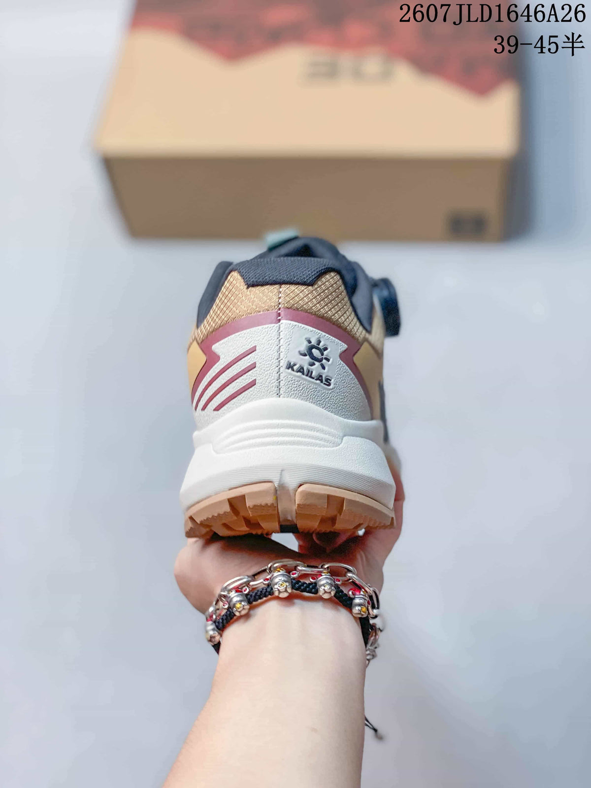 Rear view of the sneaker showing the KAILAS heel logo, burgundy accent and segmented outsole.