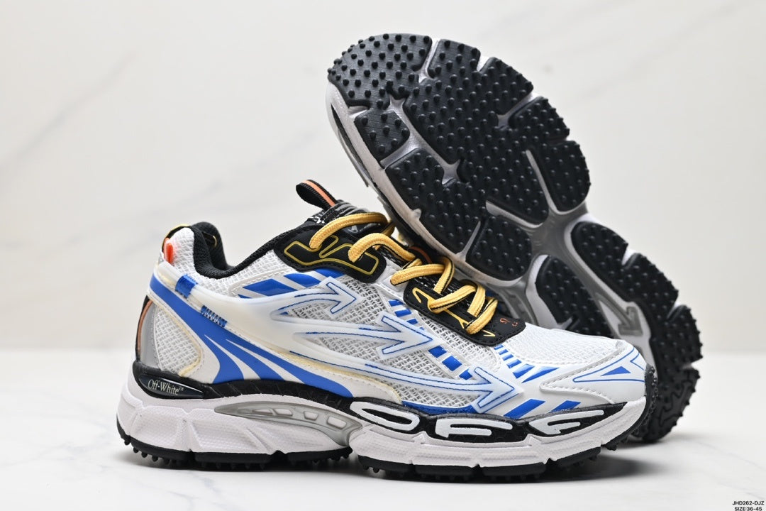 Three-quarter view showing the sneaker pair, white and blue upper, yellow laces, and segmented outsole.