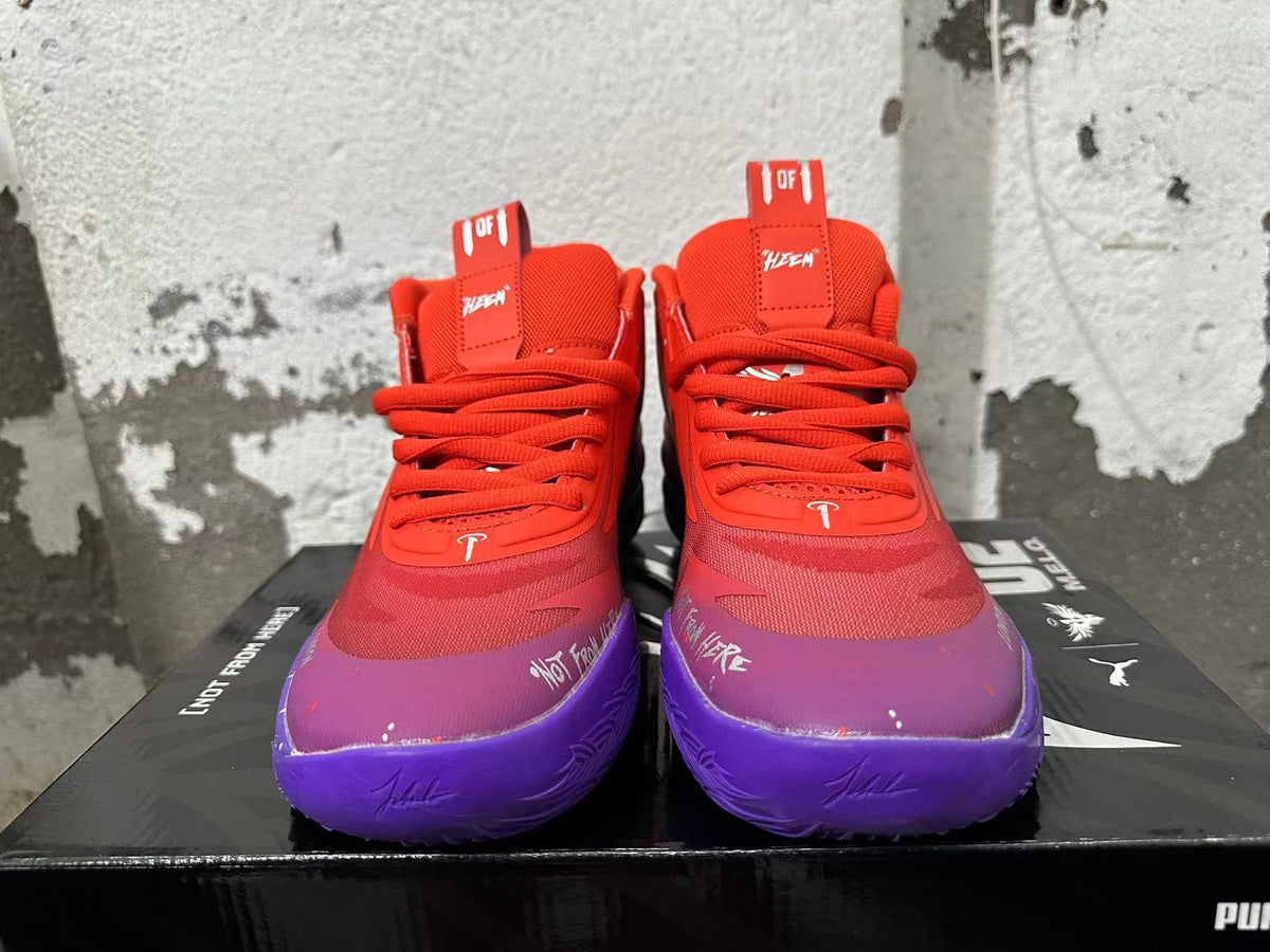 Front view of red Puma Melo basketball shoes with purple toes and soles.