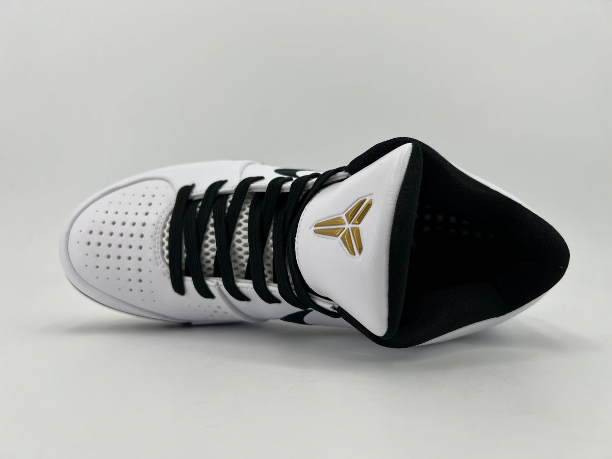 Top-down view showing the laces, tongue emblem, and black lining