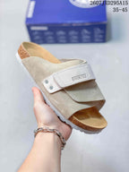Light beige Boston-style sandal with a pale strap, suede-textured upper and light treaded outsole.